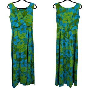 Vintage 70's Hostess Dress M Maxi Hawaiian Cover Button Peplum Green Blue Floral